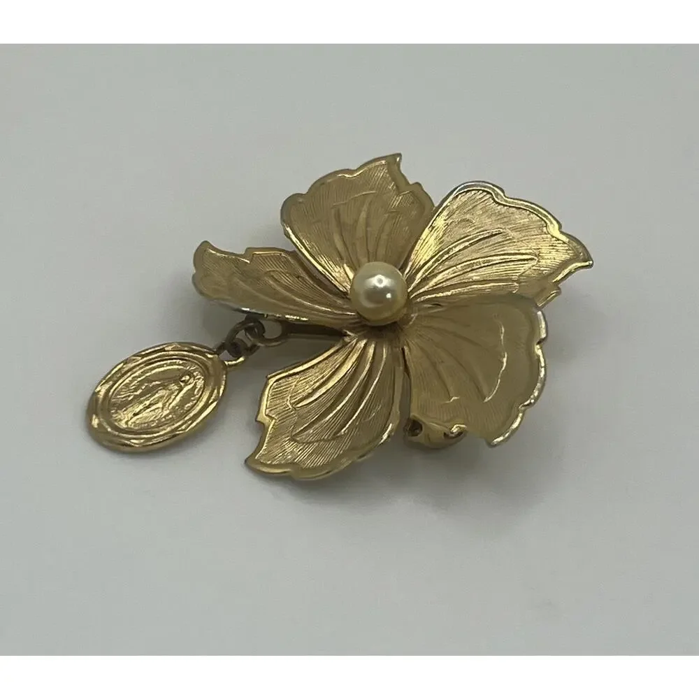Vintage Textured Gold Tone Flower Faux Pearl & Miraculous Medal Charm Brooch